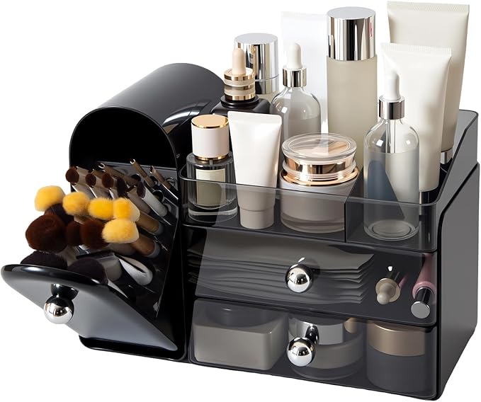 Makeup Organizer with Brush Holder for Vanity, Large Cosmetic Display Cases with 2 Drawers, Skincare Organizer for Bathroom Countertop, Black