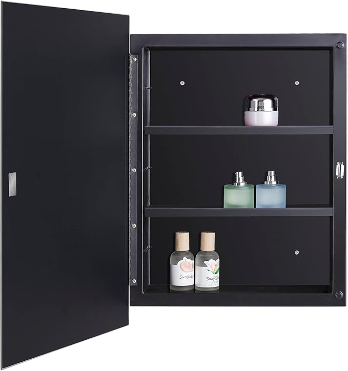 IDYLLOR Black Plastic Bathroom Medicine Mirror Cabinet 16 x 22 inch, Surface and Recessed Mount, Beveled Edge Mirror