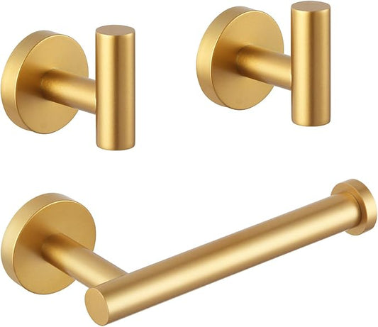 GERZWY Bathroom 3-Piece Accessories Hardware Set Gold Stainless Steel - 2X Coat Hook Toilet Paper Holder AG1401B-BE