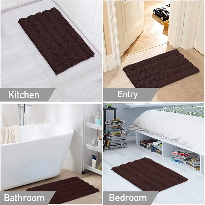 Turquoize Luxury Chenille Bath Rug for Bathroom Rugs Extra Absorbent Bath Mat Non Slip Microfiber Shower Rug for Bathroom Microfiber Shaggy Carpet Rug Size, 17"x 24", Brown