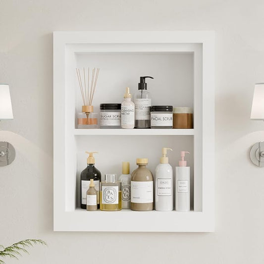 Solid Wood 14 X 18 Recessed Medicine Cabinet,2-Tier, Medicine Cabinet Organizer,Wall Niche, Bathroom Wall Cabinet, recessed bathroom Cabinet,Recessed Wall Cabinet, Bathroom Cabinet With Storage, White