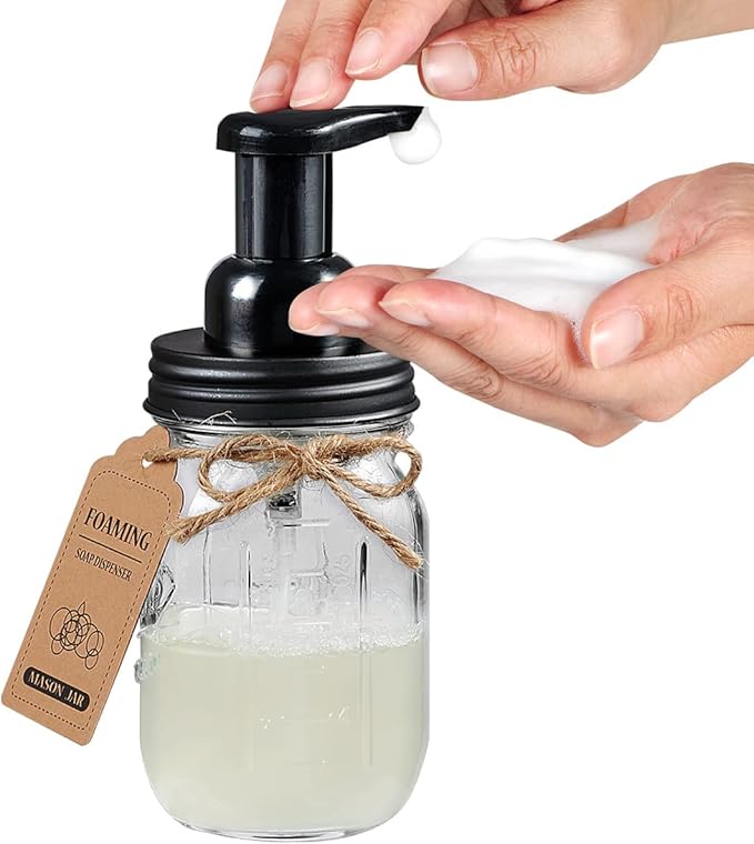 Amolliar Mason Jar Bathroom Accessories Set 4 Pack - Foaming Soap Dispenser&2 Qtip Holders&Toothbrush Holder-Rustic Farmhouse Decor Bathroom Organizer Apothecary Jar Country Countertop (Black)