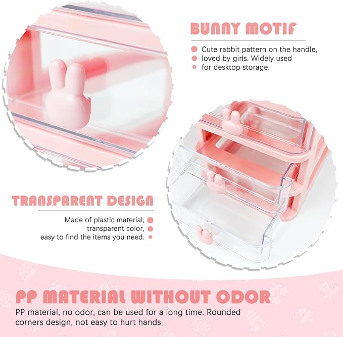 3 Layer Plastic Storage Drawer Transparent Sundries Storage with Rabbit Handle Jewelry Storage Container for Office School Home