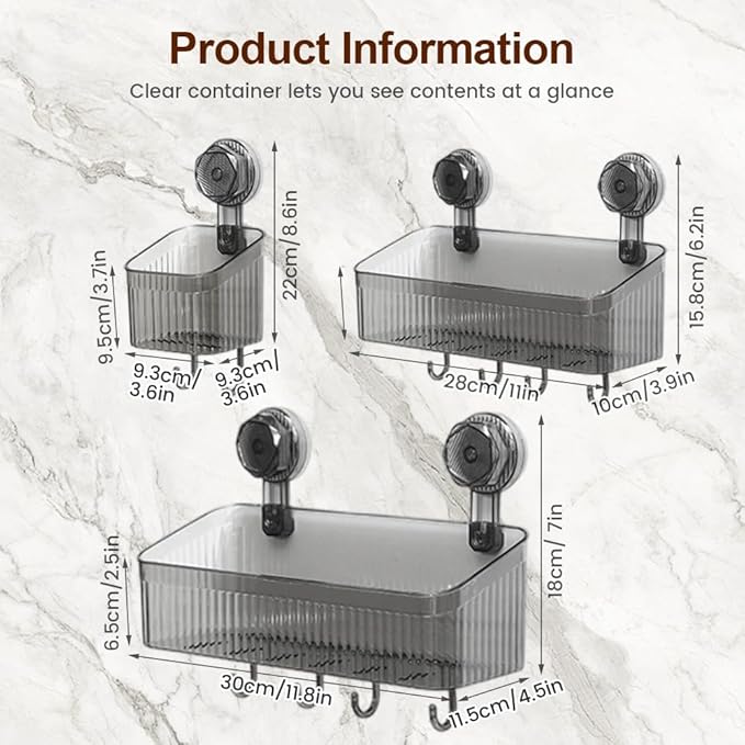 No-Drill Bathroom Suction Storage Box, 2026 Upgraded Suction Cup Wall Shelf, Portable Wall Mounted Bathroom Organizer for Shower, Durable Removable Storage Basket for Home (Transparent, Large)