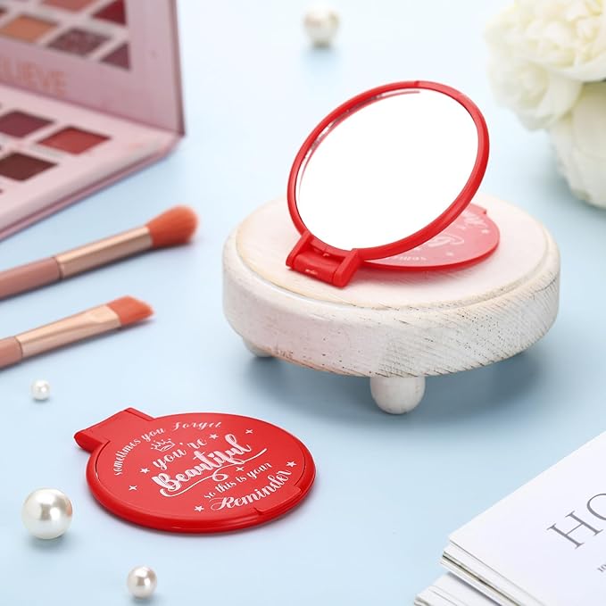 36 Pcs 2.76 Inch Inspirational Compact Mirror Bulk Women Small Gifts Graduation Party Favors Purse Mirror Pocket Mini Stuffer Items for Adult Coworker Cheerleader Employee (Red)