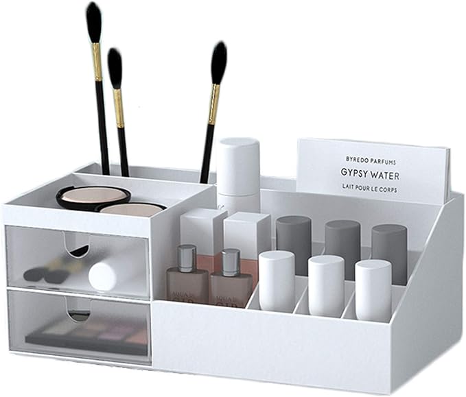 Cosmetic Storage Box, Makeup Organizer Cabinet/Drawer Type Vanity Organizer/Dormitory Desktop Sundries Storage Shelf (White)