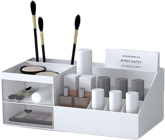 Cosmetic Storage Box, Makeup Organizer Cabinet/Drawer Type Vanity Organizer/Dormitory Desktop Sundries Storage Shelf (White)