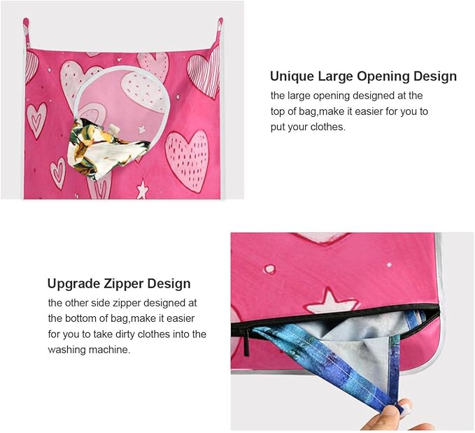 Hot Pink Hearts Stars Hanging Laundry Hamper Door Hampers Bag Basket with Stainless Steel Hooks Oxford Fabric Printing Decorative Clothes Bags 29.5X20inch 1Pack