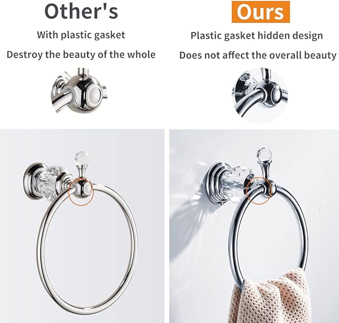 WOLIBEER Chrome Towel Ring, Crystal Hand Towel Holder Polished Bath Towel Bar Bling Bathroom Accessories Wall Mounted