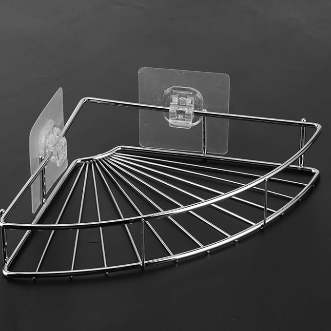 Punch Stainless Steel Triangular Storage Shelf, Corner Bathroom Shelf Rack Organizer with Adhesive, Hollow Ventilated Design for Bathroom Kitchen Dormitory, Strong Viscosity