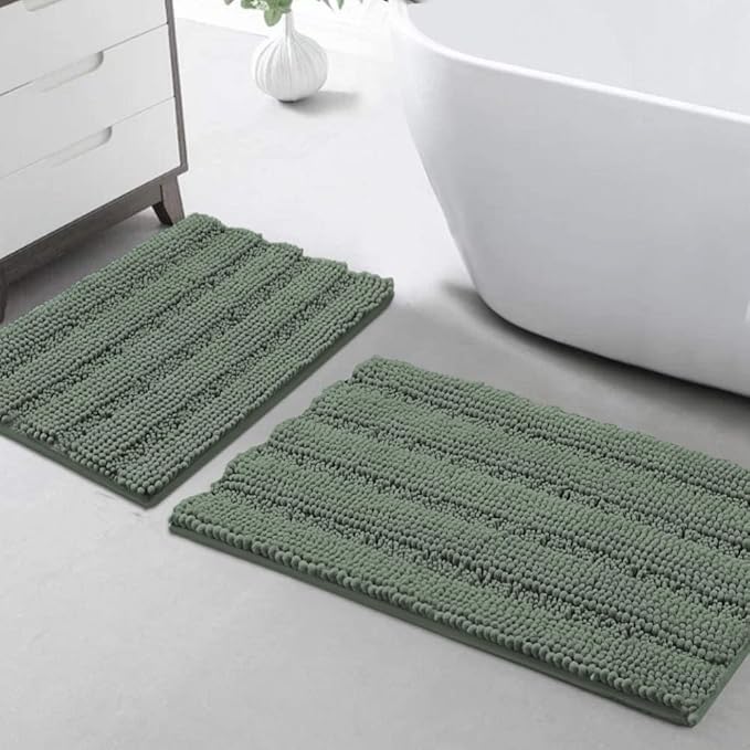 Turquoize Chenille Bathroom Rugs Set Non-Slip Bath Mats for Bathroom Extra Soft and Absorbent Shaggy Bath Mats for Bathroom Floor Indoor Mat for Kitchen/Entryway (20" x 32" and 17" x 24"), Green Bay
