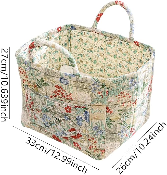 Quilted Fabric Storage Basket Boho Floral Laundry Hamper with Handle Foldable Floral Basket Organizer for Car Bedroom