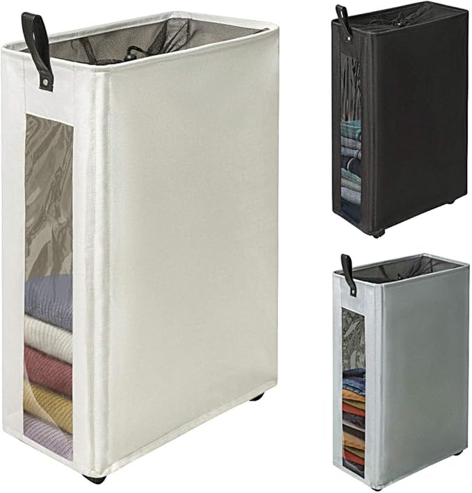 ZERO JET LAG 25 Inches Slim Laundry Storage Hamper - Large Rolling Clothes Hamper - Rolling Storage Bin - Tall Corner Basket - Clear Window Visible - Dirty Laundry Bin - (Beige)