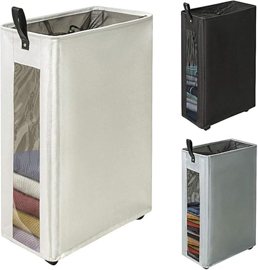 ZERO JET LAG 25 Inches Slim Laundry Storage Hamper - Large Rolling Clothes Hamper - Rolling Storage Bin - Tall Corner Basket - Clear Window Visible - Dirty Laundry Bin - (Beige)