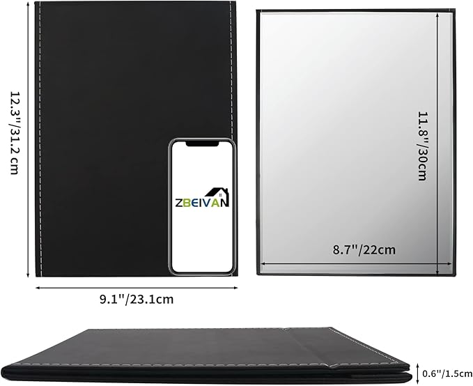 ZBEIVAN 12x9 Inches Extra Large Portable Folding Makeup Mirror, Frameless PU Leather Vanity Mirror with Stand for Desk Table Camping Travel Personal, Black