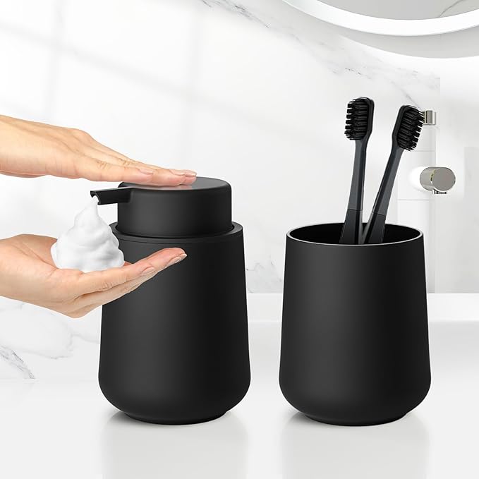 Matte Black Bathroom Toothbrush Holder Set Plastic Foaming Hand Soap Dispenser and Toothbrush Holders 2 Piece