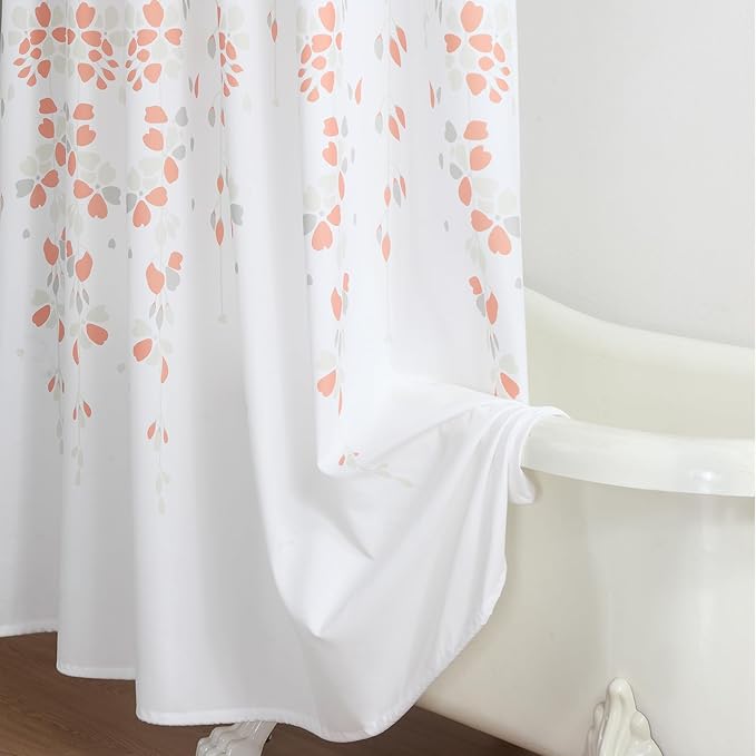 Fabric Floral Shower Curtain, Orange and Gray Weeping Flower Shower Curtains for Bathroom, Modern White Bathroom Curtains, 72" W x 72" H