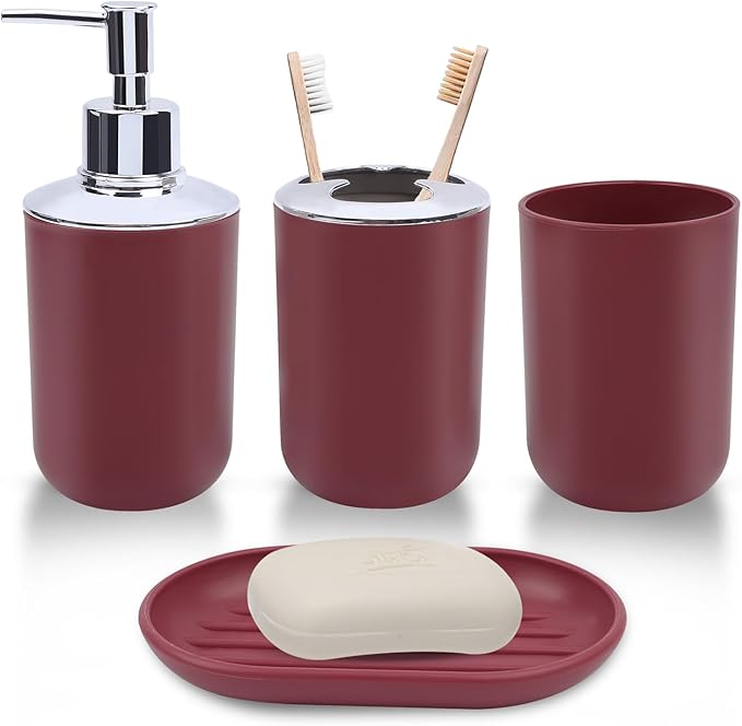 Red Bathroom Accessories Set, 4-Piece Plastic Bathroom Set with Soap Dispenser, Toothbrush Holder, Rinse Cup & Soap Dish, Bold Red Bathroom Decor for Home