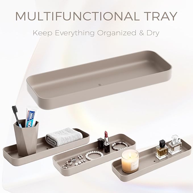 Bathroom Accessories Set - Unbreakable Beige Bathroom Set, Trash Can, Toilet Brush with Holder, Soap Dispenser, Toothbrush and Toothpaste Holder, Tumbler, Soap Dish, Qtip Holders, Tray, Bamboo Decor