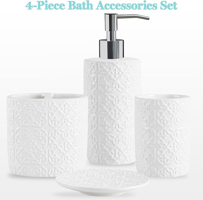Martha Stewart Ceramic Bathroom Accessories Set, Vanity Decor Storage Organizer, Embossed Damask Medallion, Lotion/Soap Dispenser, Toothbrush Holder, Tumbler, Trinket Dish, Assorted Sizes White