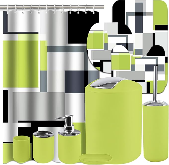 Lnond Green Bathroom Set, 22-Piece Green Black Geometry Bathroom Decor Set with with Shower Curtain and Rugs, Trash Can, Toilet Brush Holder Set & Soap Dispenser