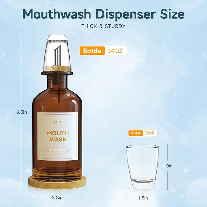 Amber Glass Mouthwash Dispenser for Bathroom Countertop – 14oz/410ml Refillable Mouthwash Bottle with Stainless Steel Pour Spout & Bamboo Tray, Modern Decor for Office, Airbnb, Gym (Amber)