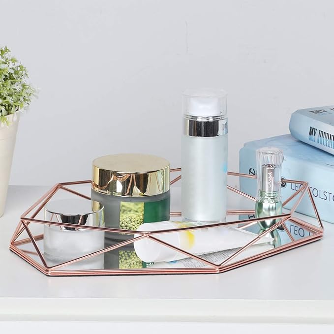 Organizer Tray,Makeup Organizer,Bathroom Sixangle Mirror Metal Gold Cosmetic Jewelry Storage Organizer Tray Box Plate for Makeup Brushes Perfume Lipsticks Nail Polish Makeup Holder(Rose Gold)
