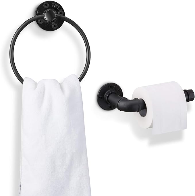 Industrial Black Toilet Paper Holder and Towel Ring, Bathroom Hardware Set, Wall Mounted Hardware Accessories, Includes Pipe Towel Rack Towel Ring, Matte Black Iron Finish for Bathroom 2PCS
