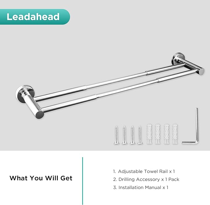 Retractable Towel Bar Flat Double Rod Bathroom Hand Towel Holder Stainless Steel Towel Rack Kitchen Towel Rail Adjustable from 15.1 to 24.4 Inch Wall Mounted Towel Rail with Screws | Polished Silver
