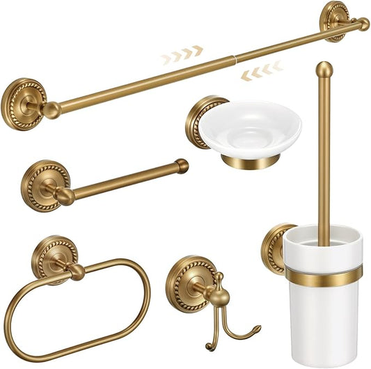 6 Pcs Antique Brass Gold Bathroom Hardware Set, Adjustable Towel Bar Holder (15.7-26.7 Inch), Toilet Paper Holder, Robe Hook, Toilet Brush & Soap Dish, Vintage Wall Mounted Accessories