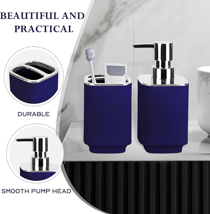 Navy Blue Bathroom Accessories 2 Pieces, Soap Dispenser and Toothbrush Holder Set for Boho Bathroom