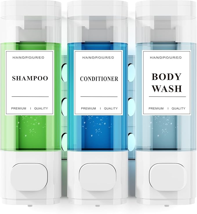 Shampoo and Conditioner Dispenser – Wall-Mounted Shower Soap Dispenser, No-Drill Installation, Lockable, 900 ml Capacity,for Bathroom & Hotel or Airbnb (White, 3-Pack)