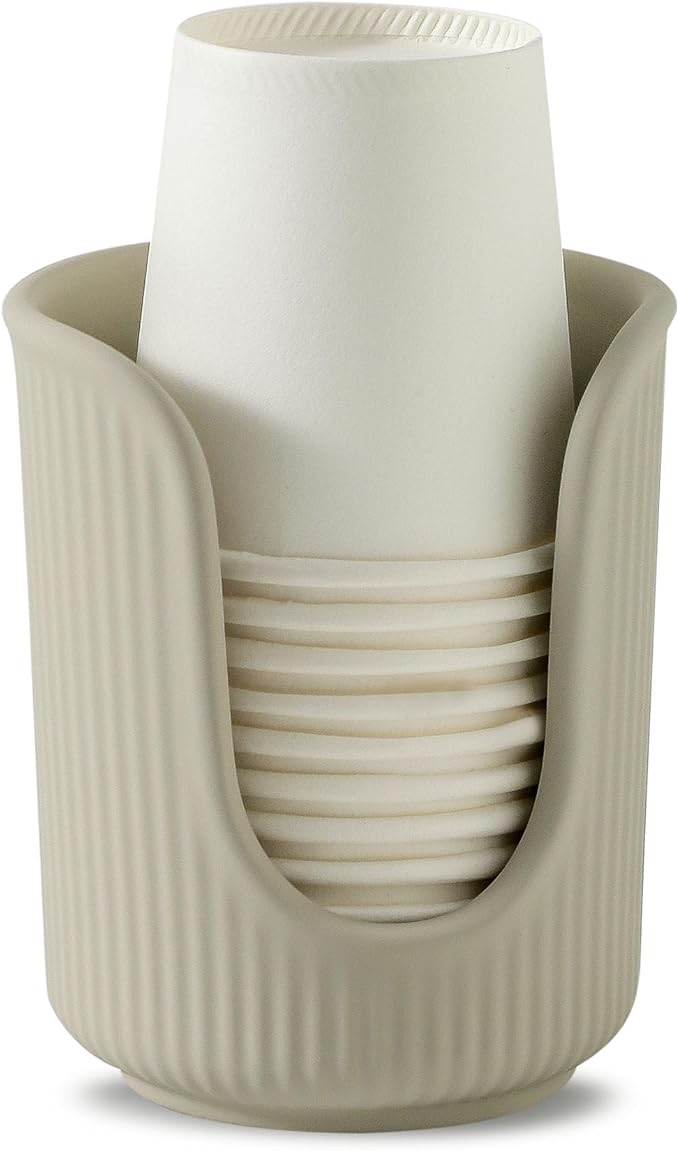 Dobbyby Ceramic Bathroom Cup Dispenser with Stylish Vertical Stripes - Disposable Mouthwash Cup Holder Holds 3-4oz Paper Cups for Rinsing Cups on Bathroom Vanity Countertops (Matte Beige)