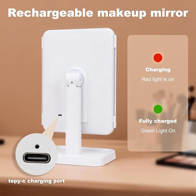 2026 Newly Upgraded Three-Sided Folding Makeup Mirror, Desktop LED Two-in-one Seashell-Shaped Three-Sided Mirror, Large Size with Adjustable Light
