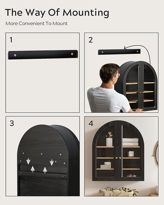 EYYTHUNG Arched Wall Cabinet, Large Bathroom Medicine Cabinet Wall Mounted Cupboard, Modern Floating Storage Cabinet with Acrylic Door Adjustable Shelf, Wood Organizer (Black-Oak)