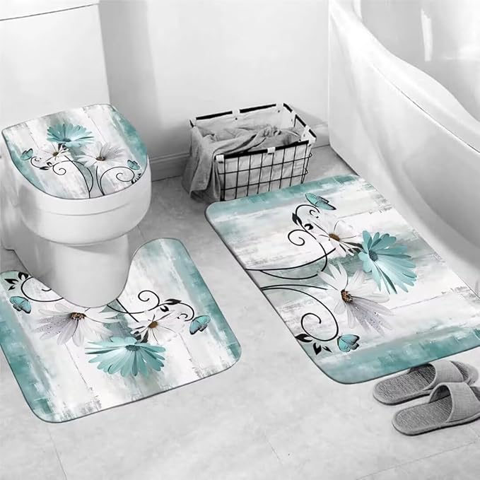 NBVKO 4PCS Rustic Teal Flower Farmhouse Shower Curtain Set,Waterproof Teal Daisy Floral Bathroom Decor Accessory Set