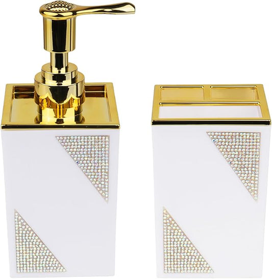 Bathroom Accessories Set, Square 2-Piece White Soap Dispenser & Toothbrush Holder with Sparkling Inlaid Diamonds, Modern Geometric Vanity Set