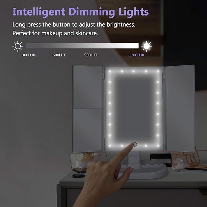 deweisn Trifold Lighted Vanity Makeup Mirror with 21 LEDs Lights,1x/2x/3x Magnification and Touch Screen Dimming,Two Power Supplies Makeup Mirror, Gift for Women