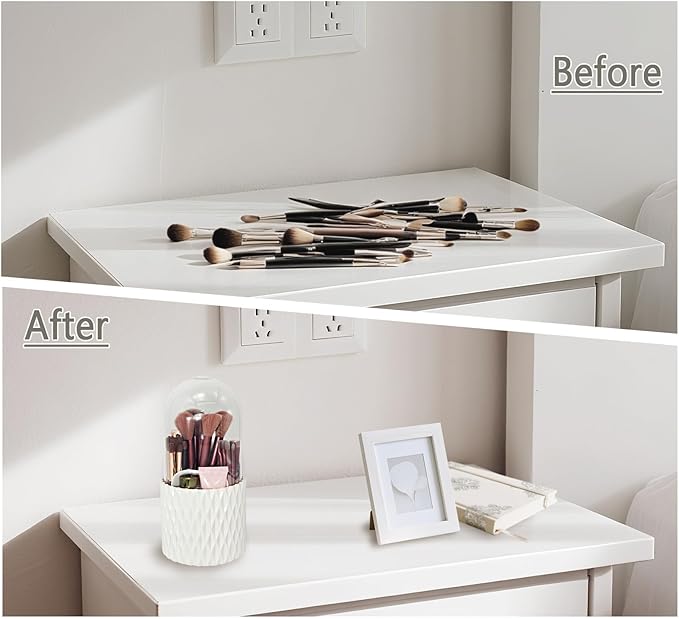 VNIMTI 360??Smooth Rotating Makeup Brush Holder with Dustproof Lid Spinning Vanity Organizer for Beauty Lipstick Perfume,Brushes Storage Container,Countertop,Dressing Table,Bathroom Desk (White)