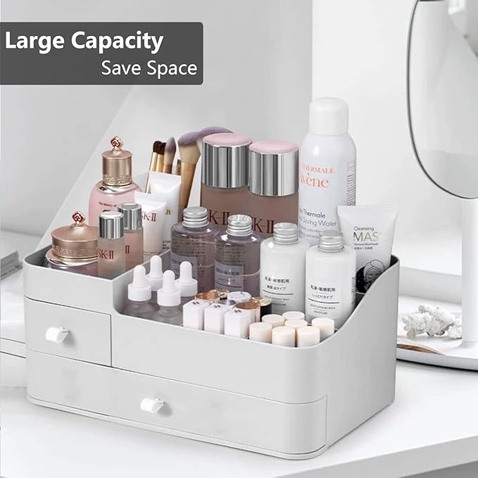 Makeup Desk Cosmetic Storage Box Organizer with Drawers for Brushes, Eyeshadow, Lotions, Lipstick and Nail Polish, Ideal for Dresser,Bathroom Vanity (White)