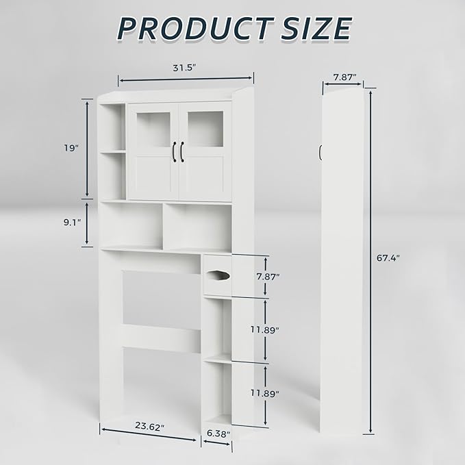 Farmhouse Style Over Toilet Storage Cabinet, 67" Tall Bathroom Organizer Unit with Sliding Barn Doors & Open Shelving for Bathroom, Neutral Wood Grain Finish