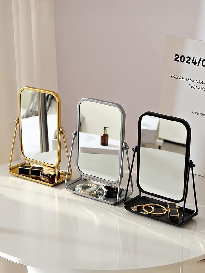 Small Desk Mirror with Storage Tray Silver Iron Frame Standing Mirrors for Desk Countertop Makeup Mirror with 360 Degree Swivel Portable Vanity Mirror for Living Room Bedroom Bathroom