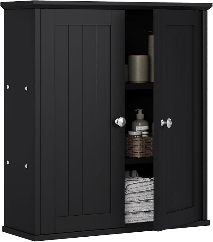 Walsunny Bathroom Medicine Cabinet Wall Mount with 2 Doors and 2 Shelves, Small Bathroom Cabinet Wooden Storage Cabinet Over Toilet Restroom Laundry Room Kitchen, Black