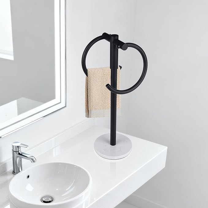 19 inch Matte Black Double hand Towel Holder Stand ,Hand Towel Bar Bathroom Vanity Countertop Towel Holder Free Standing,Towel Ring Hardware Accessories Towel Rack