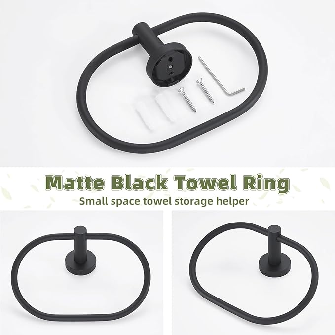 APLusee Matte Black Towel Ring, Stainless Steel Oval Hand Towel Holder for Bathroom Kitchen, Wall Mounted