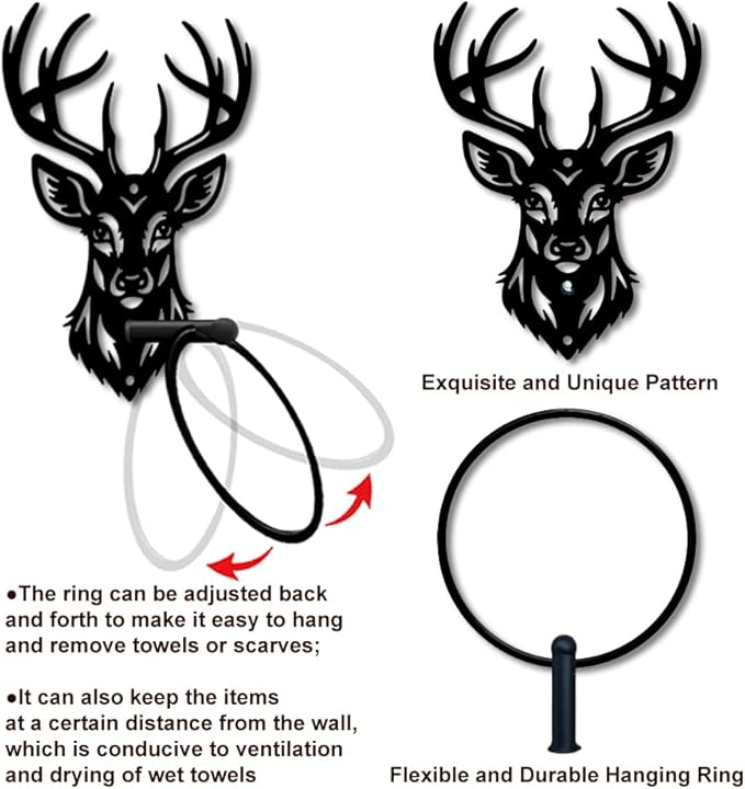MAYJOYDIY Deer Animal Metal Towel Ring Deer Head Towel Holder Elk Antler Wall Decor Towel Hanger Black Art Custom Towel Rack Wall Mounted for Bathroom Kitchen Home Decors Gift