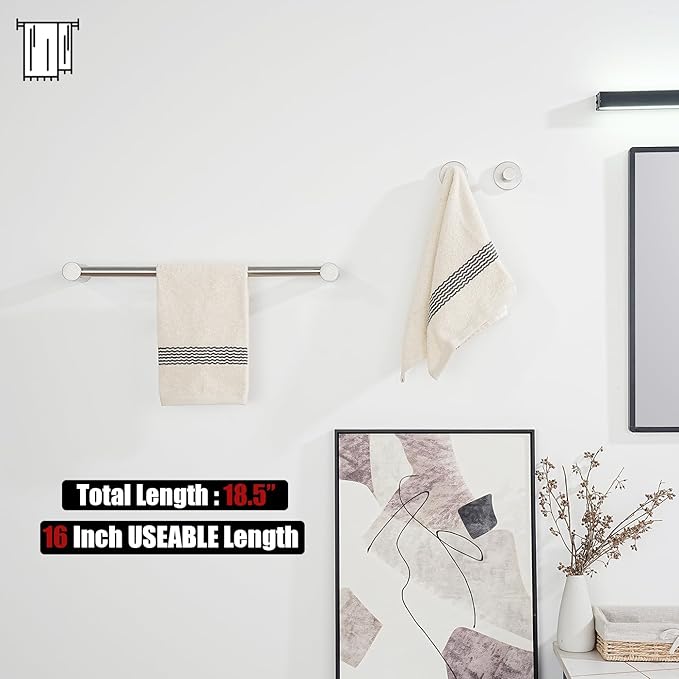 JQK Towel Bar Brushed, 18.5 Inch 304 Stainless Steel Thicken 0.8mm 2 Pieces Towel Rack Bathroom Wall Mount, Useable Length 16 Inch, TB610L16-BN