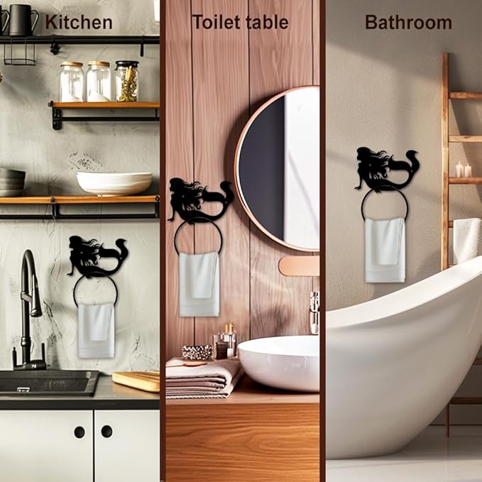 MAYJOYDIY Mermaid Metal Towel Ring Mermaid Sea Hand Towel Holder Round Ocean Theme Towel Hangers Black Bathroom Towel Rack Wall Mounted for Kitchen Bath Home Laundry Room Decors Gifts