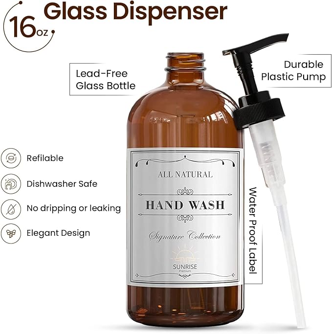 Sunrise Premium, 16 OZ Thick Amber Glass Soap Dispenser with Pump 2 Pack, Hand and Dish Soap Dispenser Set for Bathroom with 6 Waterproof Labels
