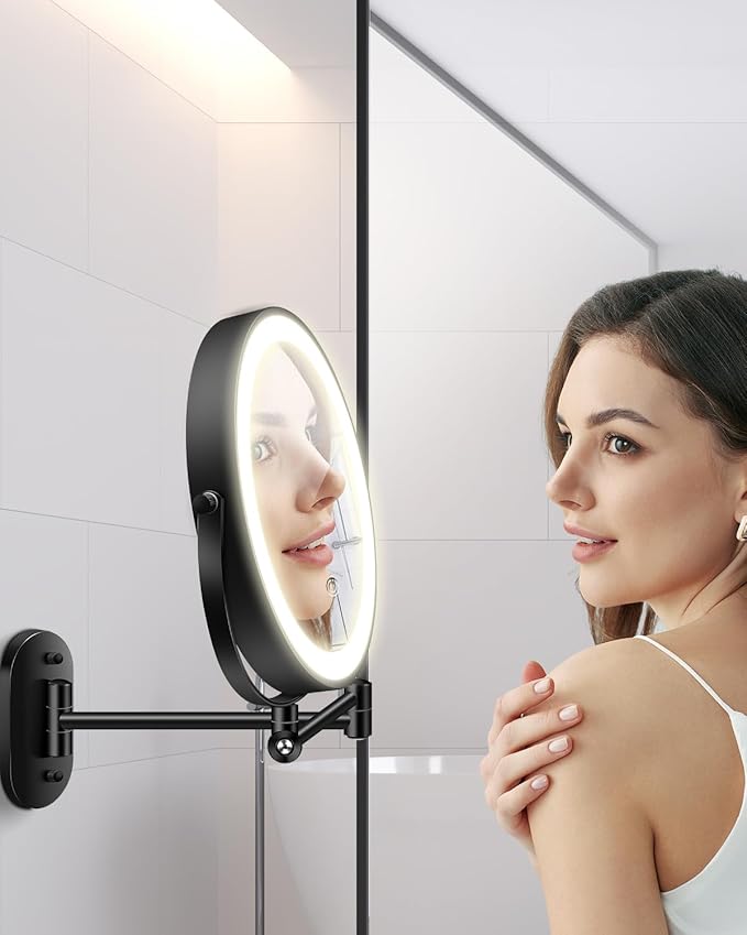 vpu 9" Wall Mounted Makeup Mirror with Light, 20X/1X Height Adjustable Double Sided Magnifying Bathroom Lighted Mirror, 3 Color Touch Dimmable Extended Arm 360 Rotation Light up Magnification Mirrors
